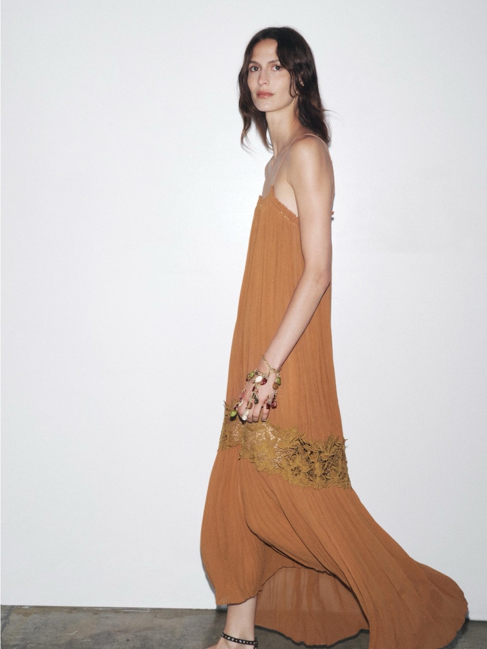 Zara ZW Collection Wrinkled Embroidered Dress in Brown - Picture 4 of 7